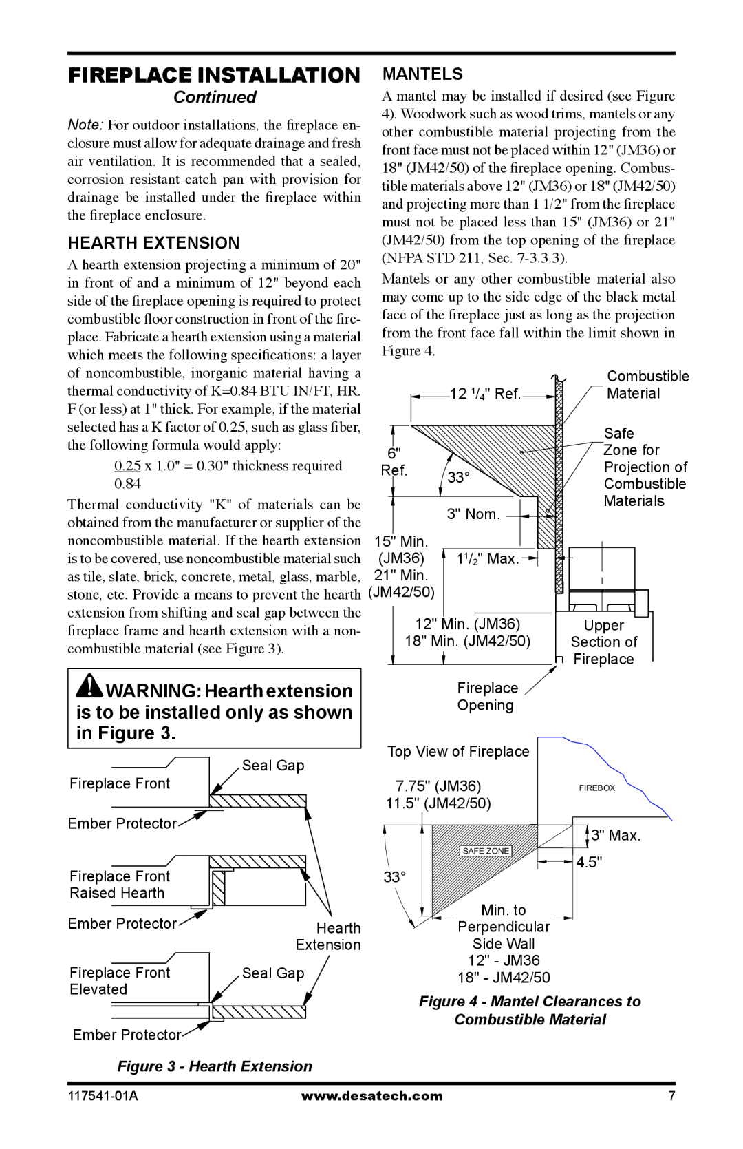 Desa (V)JM42, (V)JM50, (V)JM36 installation manual Hearth Extension, Mantels 