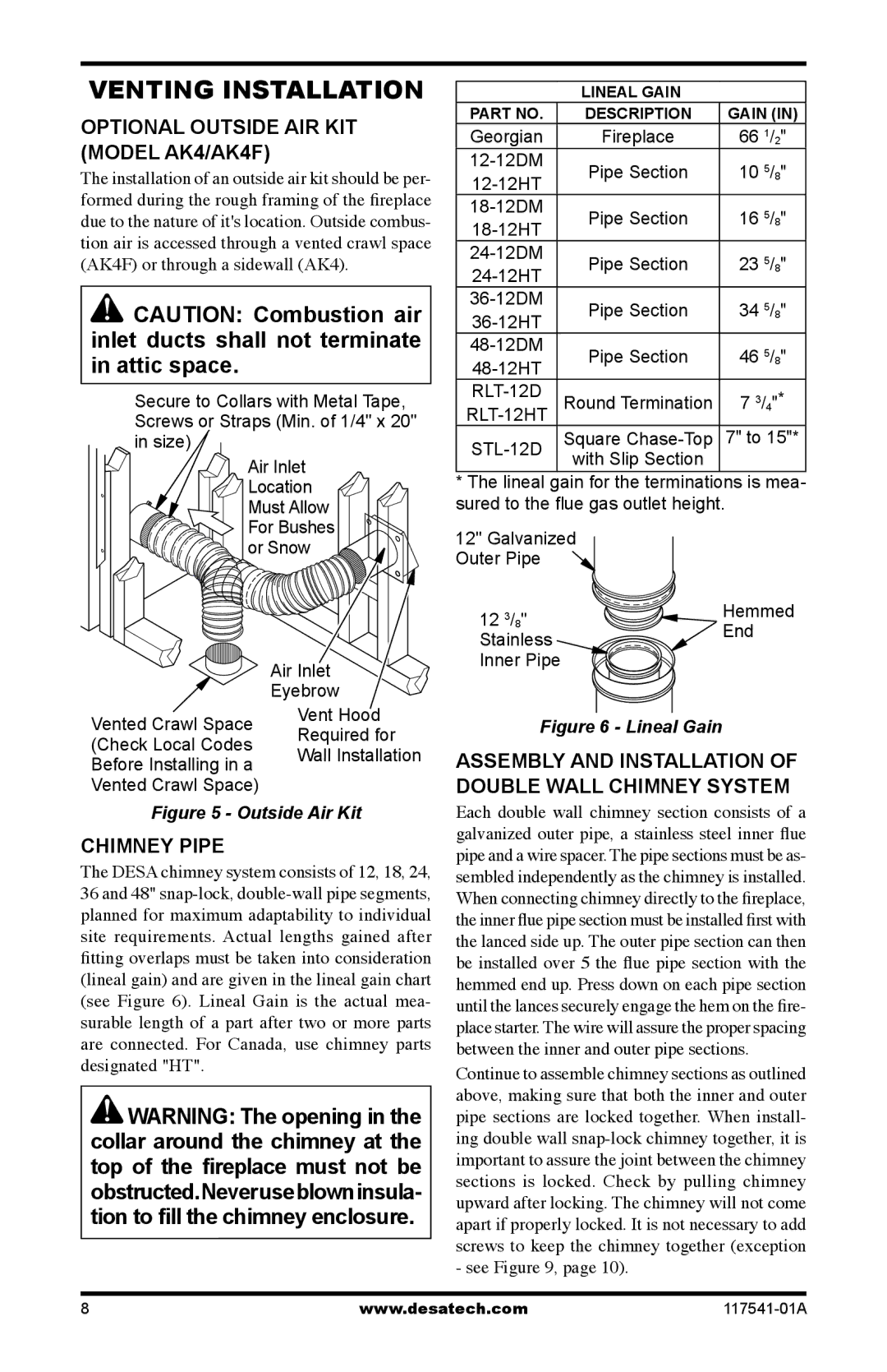 Desa (V)JM36 Venting Installation, Optional Outside AIR KIT Model AK4/AK4F, Assembly and Installation, Chimney Pipe 