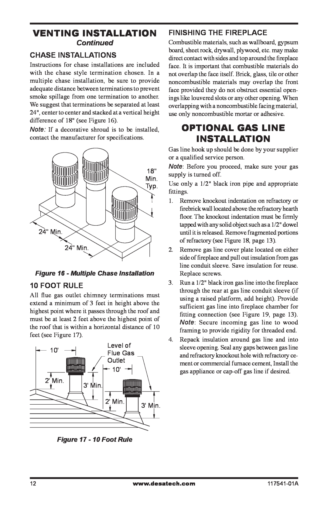Desa (V)JM50 Venting Installation, Optional Gas Line Installation, Continued, Chase Installations, 10 Foot Rule 