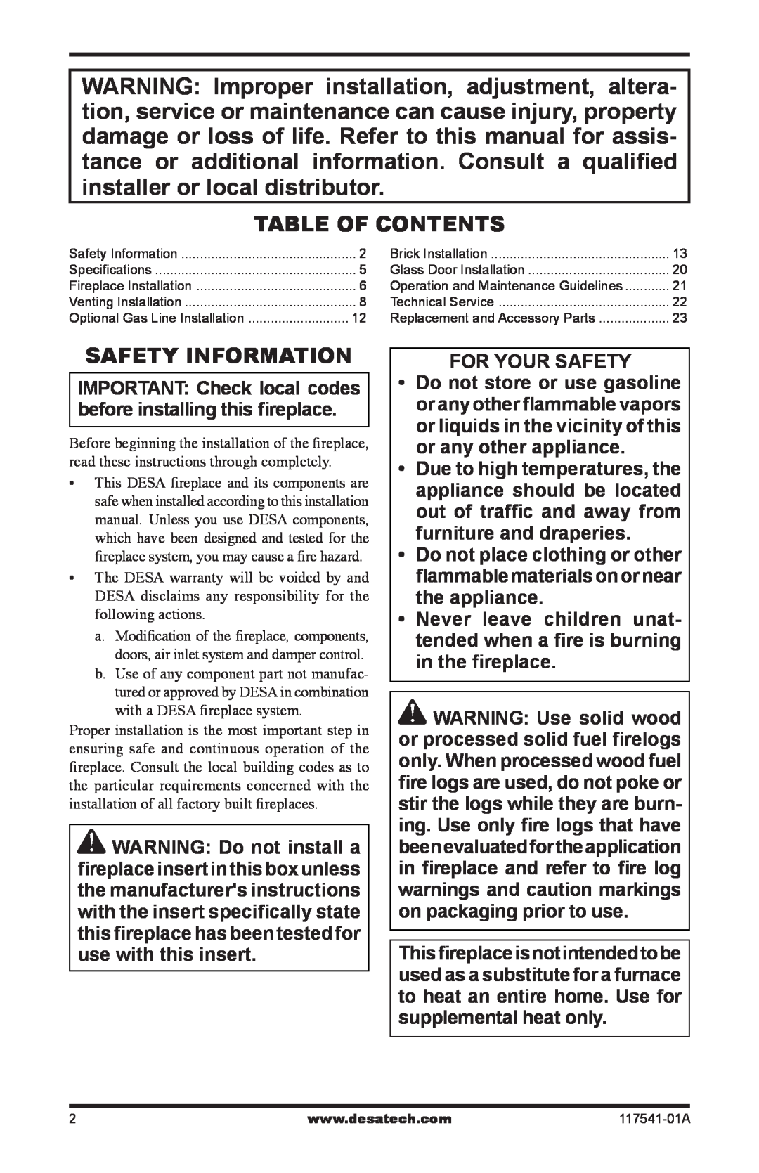 Desa (V)JM36, (V)JM50, (V)JM42 installation manual Table Of Contents, Safety Information 