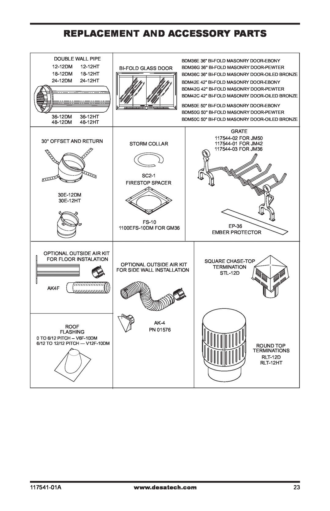 Desa (V)JM36, (V)JM50, (V)JM42 installation manual Replacement And Accessory Parts, 117541-01A 