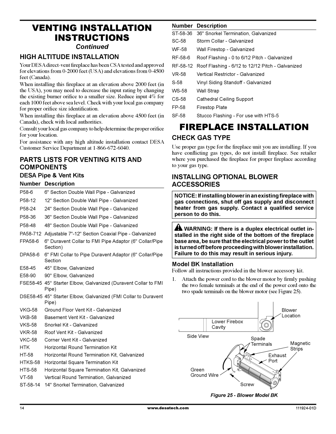 Desa (V)K36EN SERIES Fireplace Installation, High Altitude Installation, Parts lists for venting kits and components 