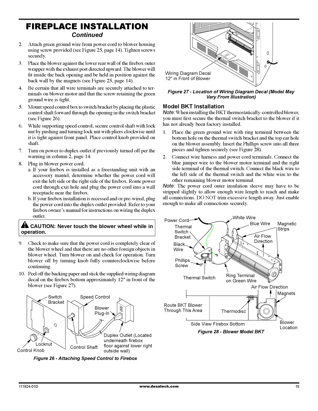 Desa (V)K36EP SERIES, (V)K36EN SERIES installation manual Model BKT Installation, Attaching Speed Control to Firebox 