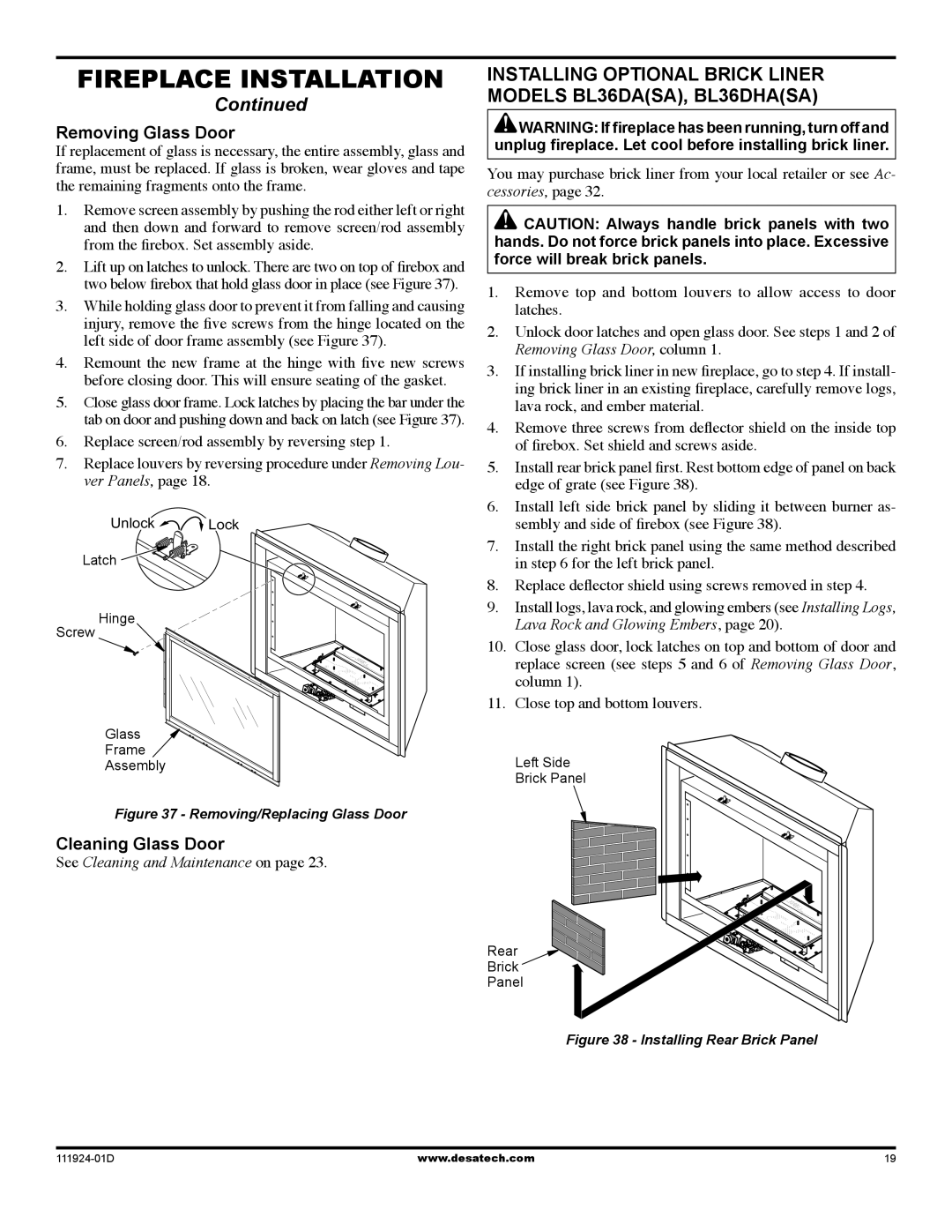 Desa (V)K36EP SERIES Installing Optional Brick liner Models BL36DASA, BL36DHASA, Removing Glass Door, Cleaning Glass Door 