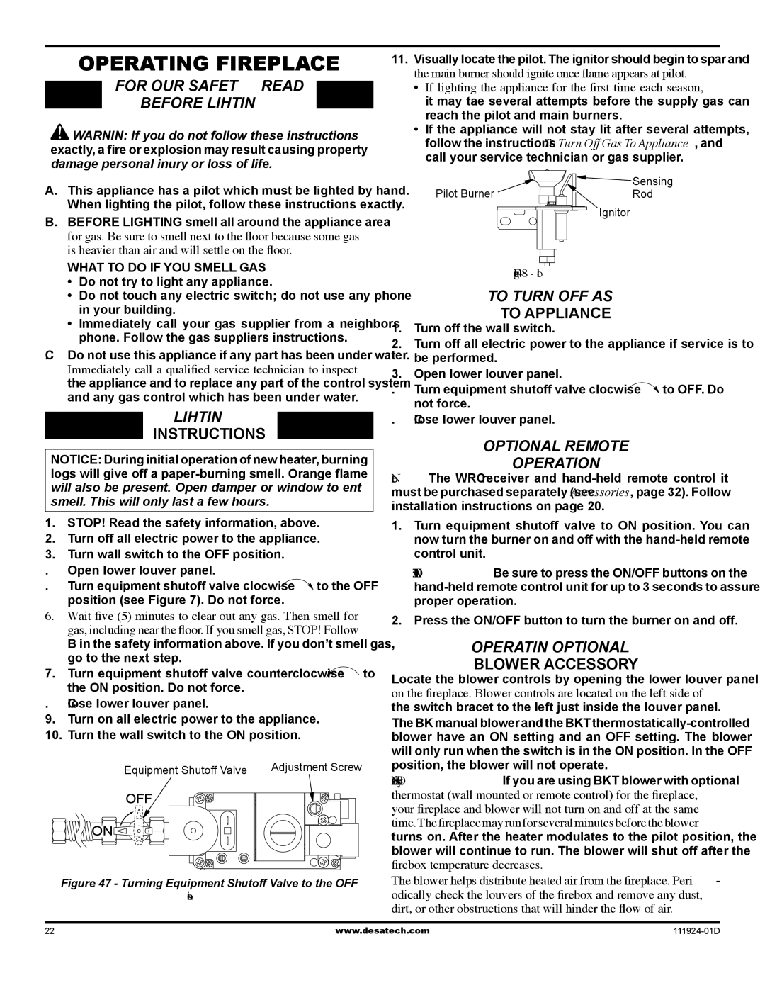 Desa (V)K36EN SERIES, (V)K36EP SERIES installation manual Operating Fireplace, To Turn OFF GAS, Optional Remote Operation 