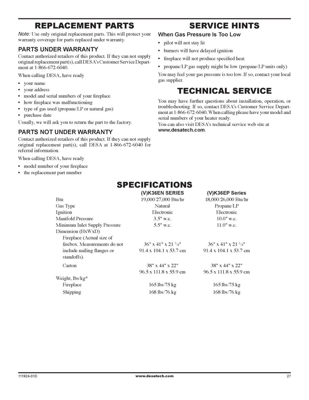 Desa (V)K36EP SERIES, (V)K36EN SERIES Replacement Parts, Service Hints, Technical Service, Specifications 