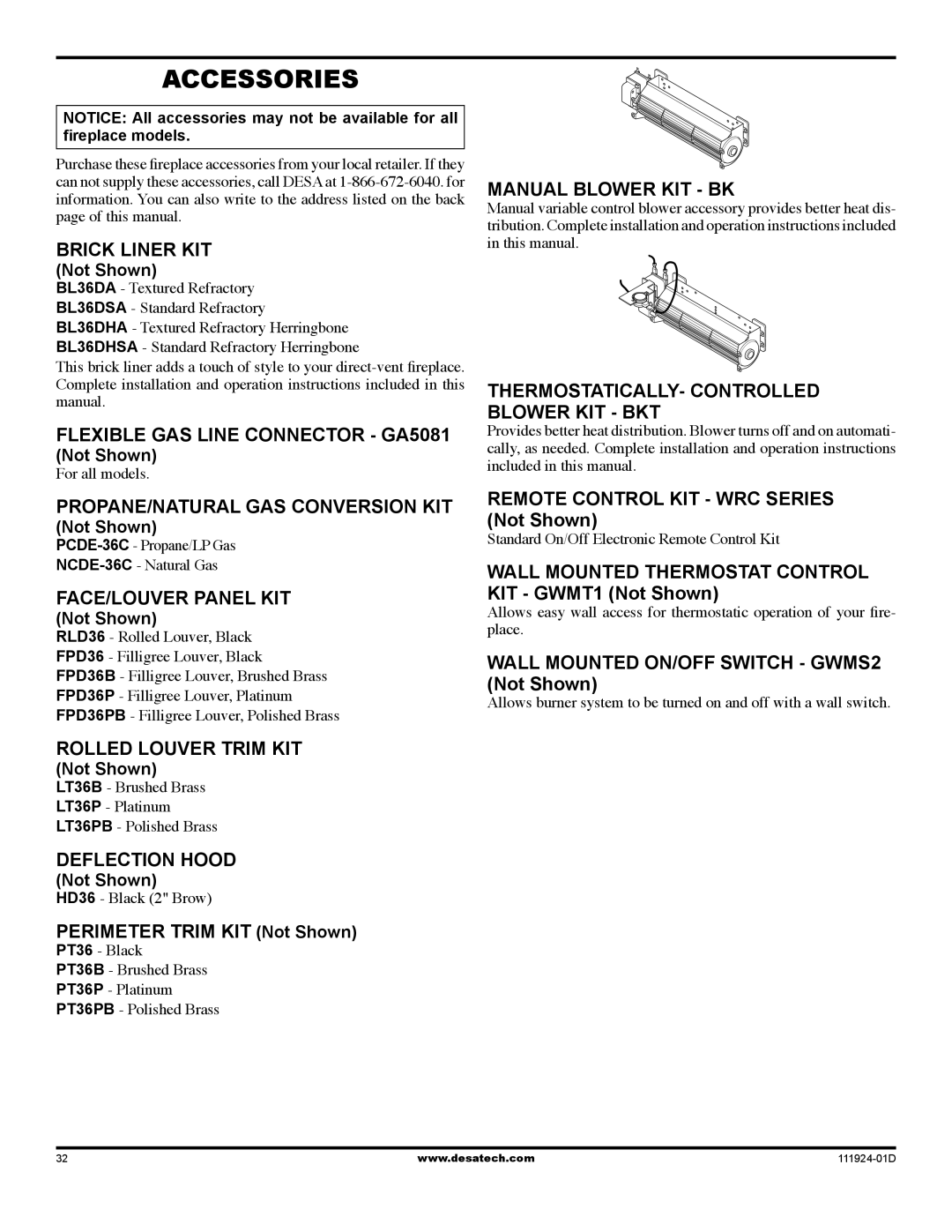 Desa (V)K36EN SERIES, (V)K36EP SERIES installation manual Accessories 