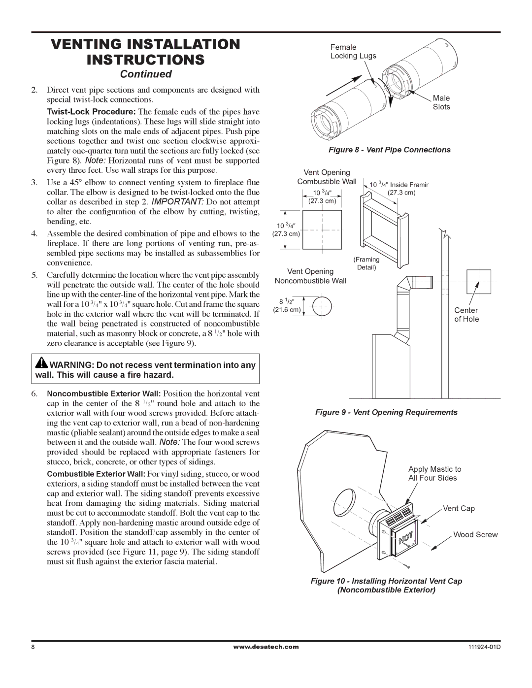 Desa (V)K36EN SERIES, (V)K36EP SERIES installation manual Vent Pipe Connections 