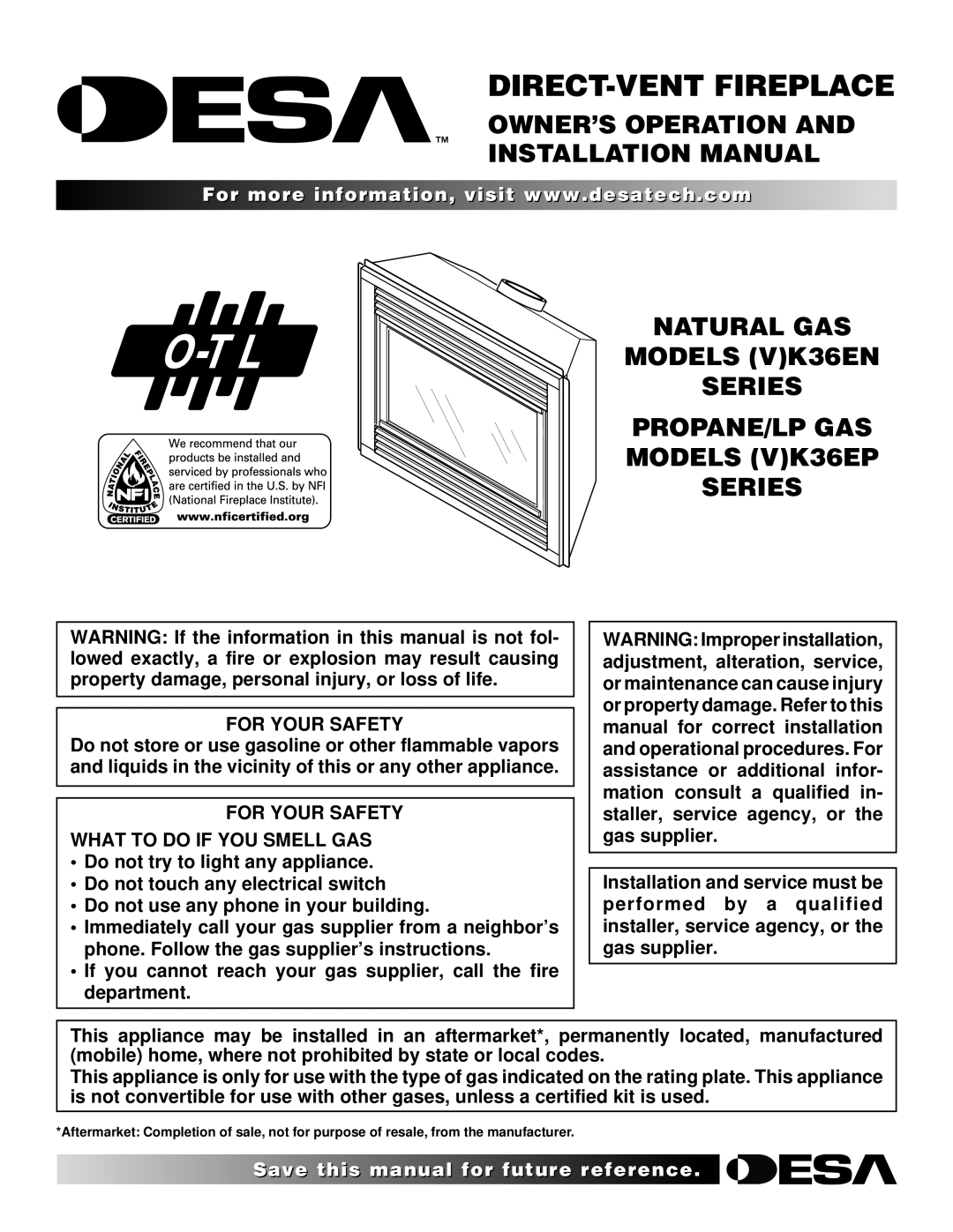 Desa (V)K36EP, (V)K36EN installation manual OWNER’S Operation Installation Manual, For Your Safety 