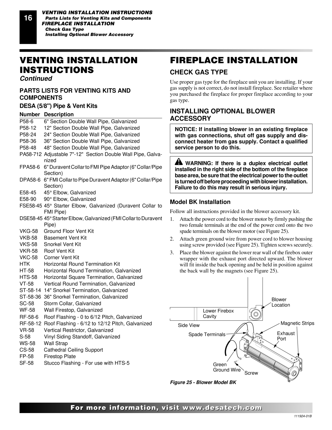 Desa (V)K36EN Fireplace Installation, Check GAS Type, Installing Optional Blower Accessory, Desa 5/8 Pipe & Vent Kits 