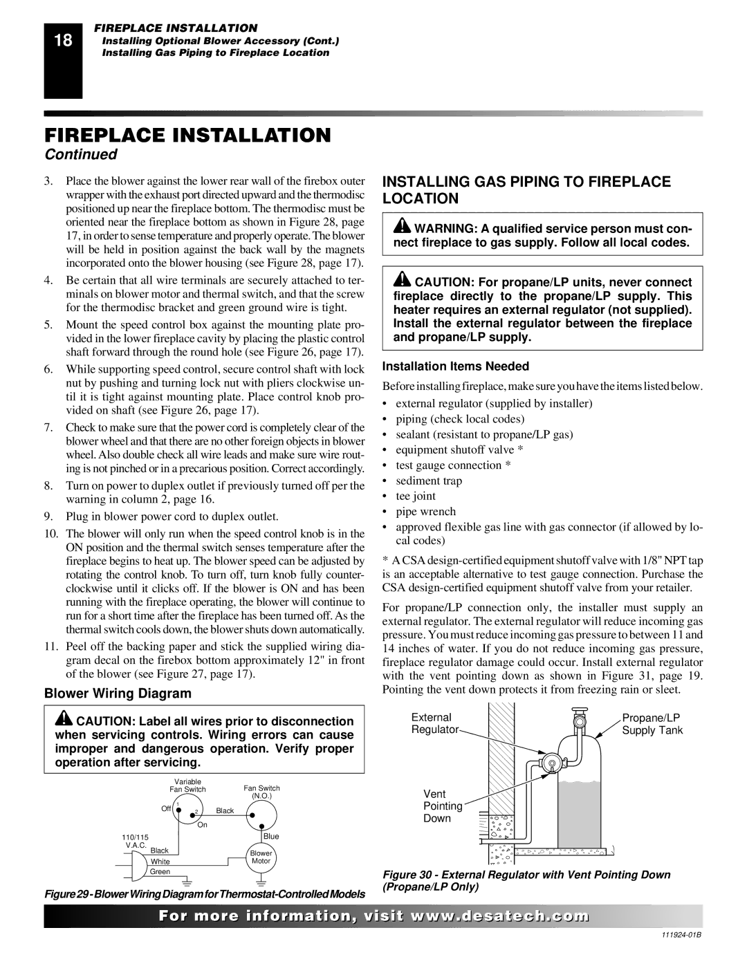 Desa (V)K36EN, (V)K36EP Installing GAS Piping to Fireplace Location, Blower Wiring Diagram, Installation Items Needed 