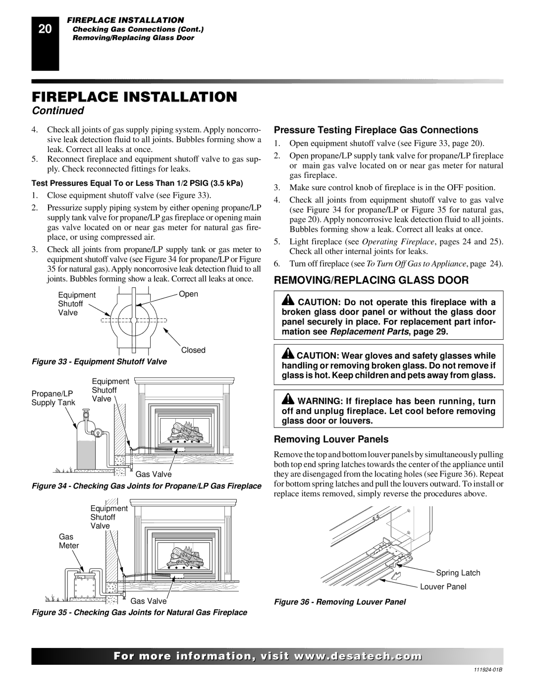 Desa (V)K36EN, (V)K36EP REMOVING/REPLACING Glass Door, Pressure Testing Fireplace Gas Connections, Removing Louver Panels 