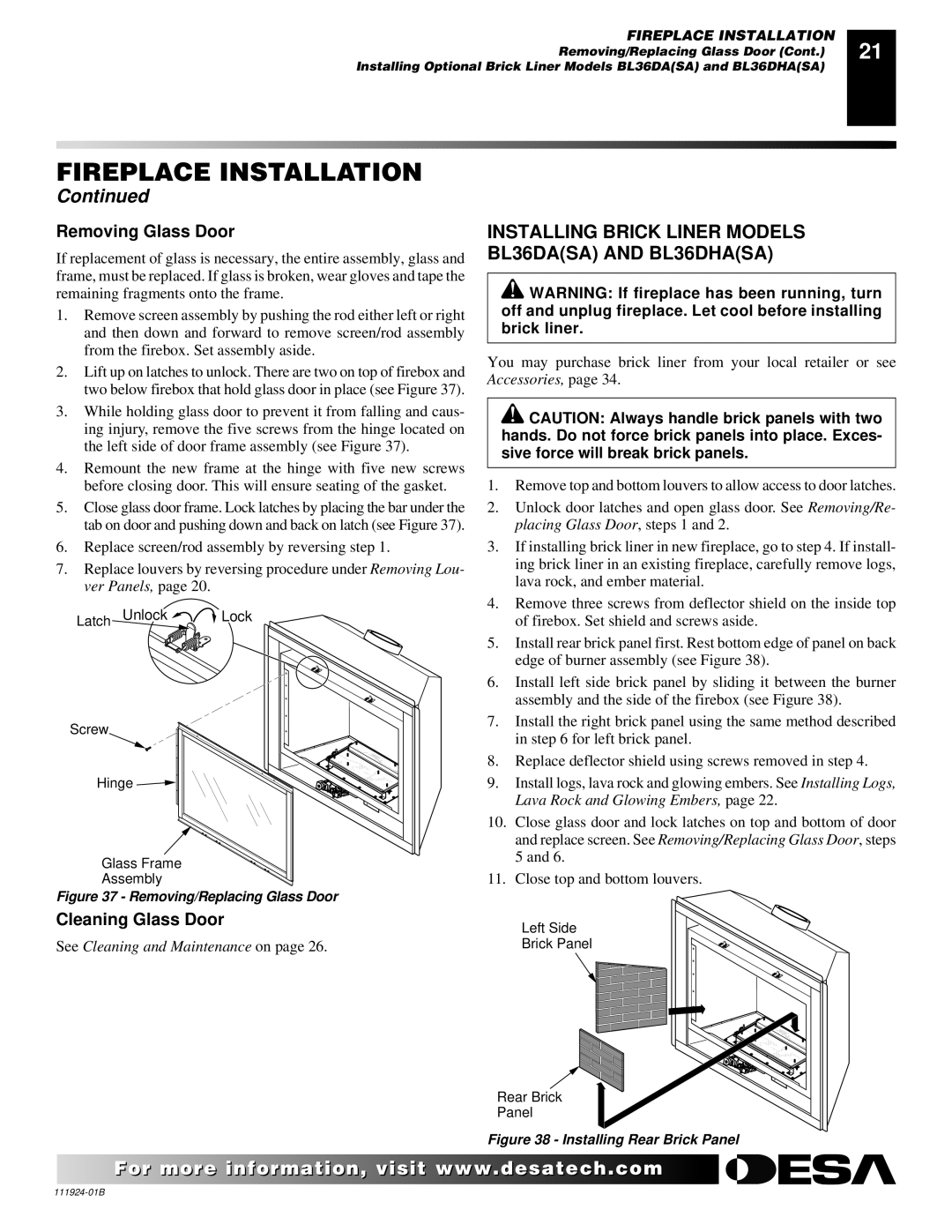 Desa (V)K36EP, (V)K36EN installation manual Removing Glass Door, Cleaning Glass Door 