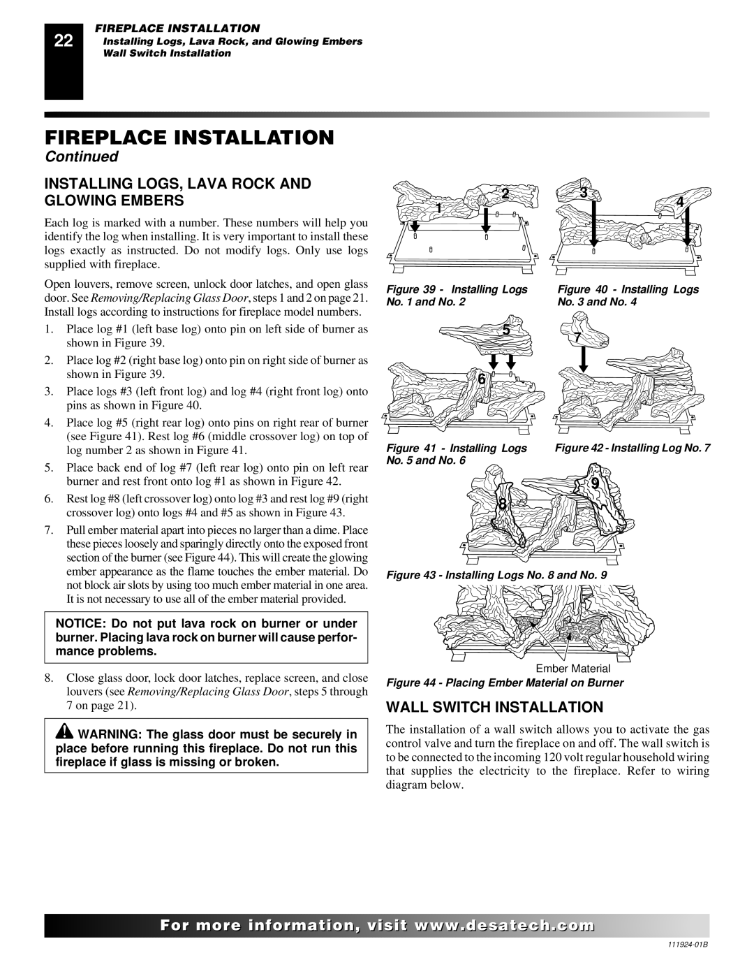 Desa (V)K36EN, (V)K36EP installation manual Installing LOGS, Lava Rock and Glowing Embers, Wall Switch Installation 