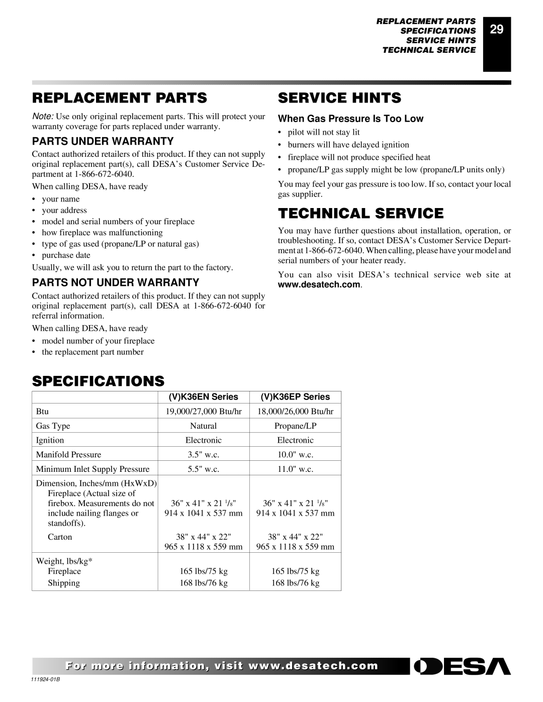 Desa (V)K36EP, (V)K36EN installation manual Replacement Parts, Service Hints, Technical Service, Specifications 