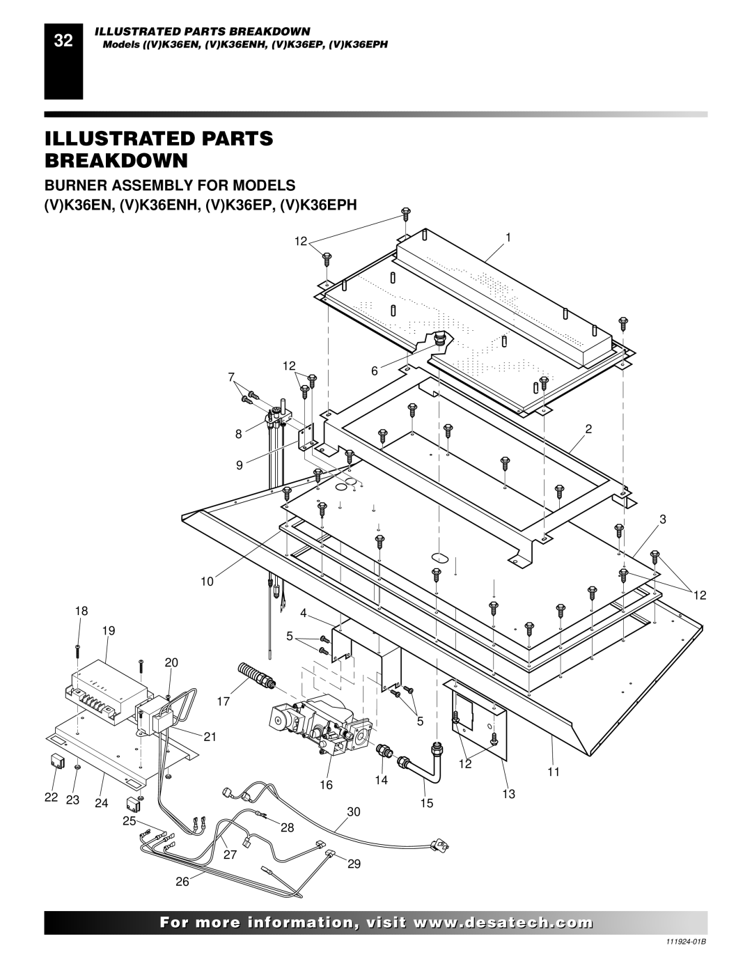 Desa (V)K36EN, (V)K36EP installation manual Burner Assembly for Models VK36EN, VK36ENH, VK36EP, VK36EPH 