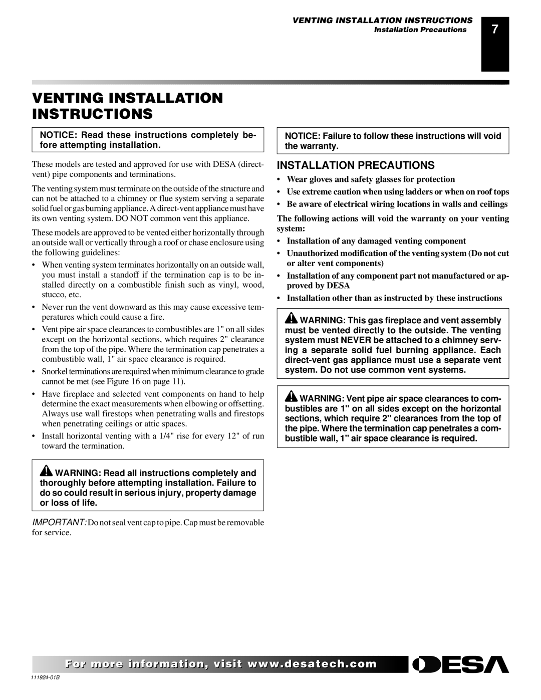 Desa (V)K36EP, (V)K36EN installation manual Venting Installation Instructions, Installation Precautions 