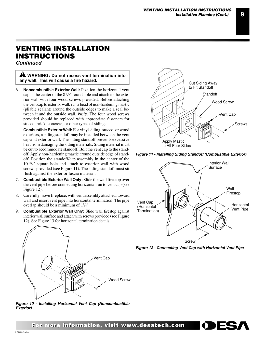 Desa (V)K36EP, (V)K36EN installation manual Installing Siding Standoff Combustible Exterior 