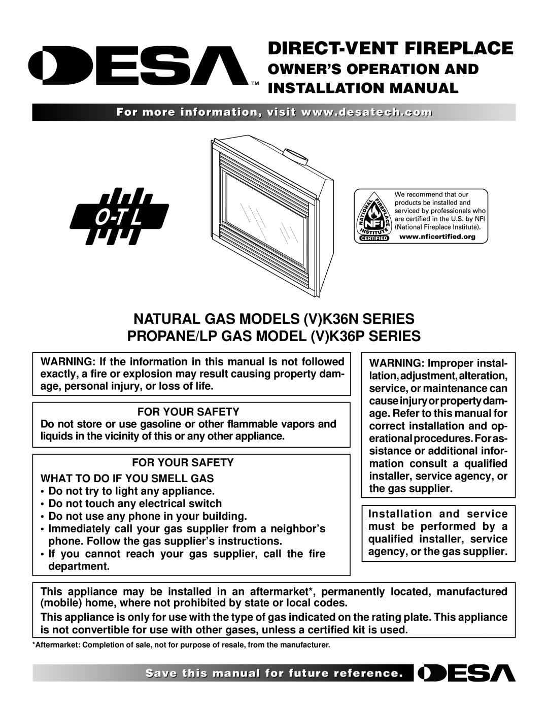 Desa (V)K36P SERIES, (V)K36N SERIES installation manual OWNER’S Operation Installation Manual, For Your Safety 