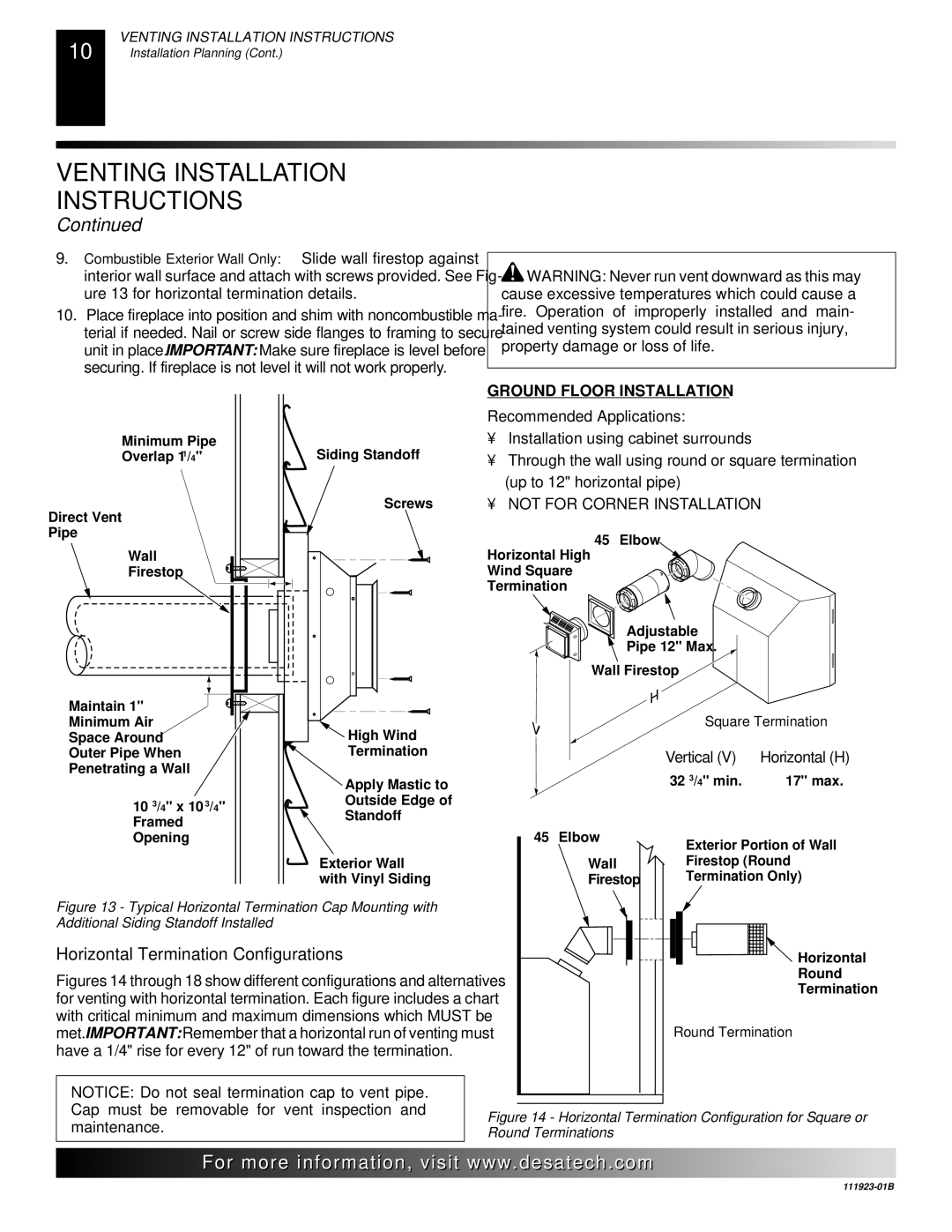 Desa (V)K36N SERIES, (V)K36P SERIES installation manual Horizontal Termination Configurations, Ground Floor Installation 