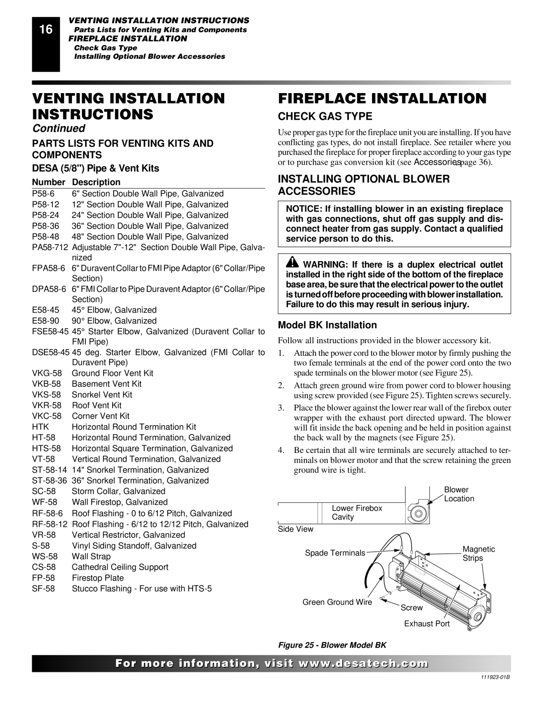 Desa (V)K36N SERIES Fireplace Installation, Check GAS Type, Installing Optional Blower Accessories, Model BK Installation 