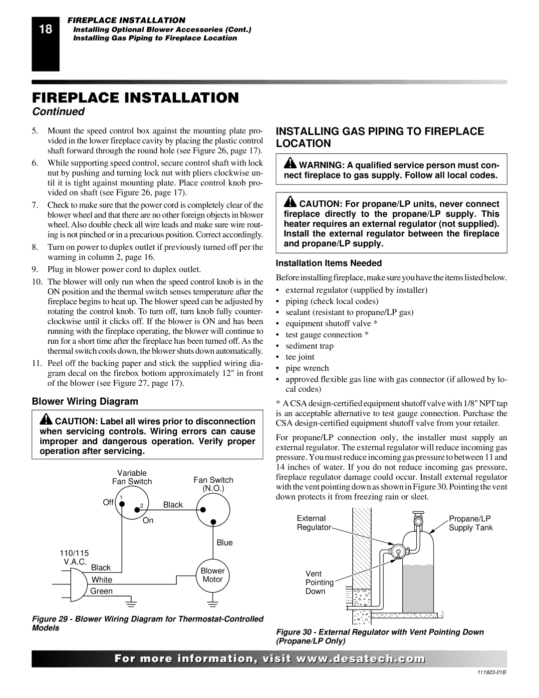 Desa (V)K36N SERIES Installing GAS Piping to Fireplace Location, Blower Wiring Diagram, Installation Items Needed 