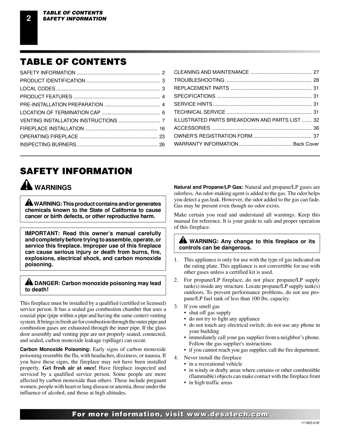 Desa (V)K36N SERIES, (V)K36P SERIES installation manual Table of Contents, Safety Information 