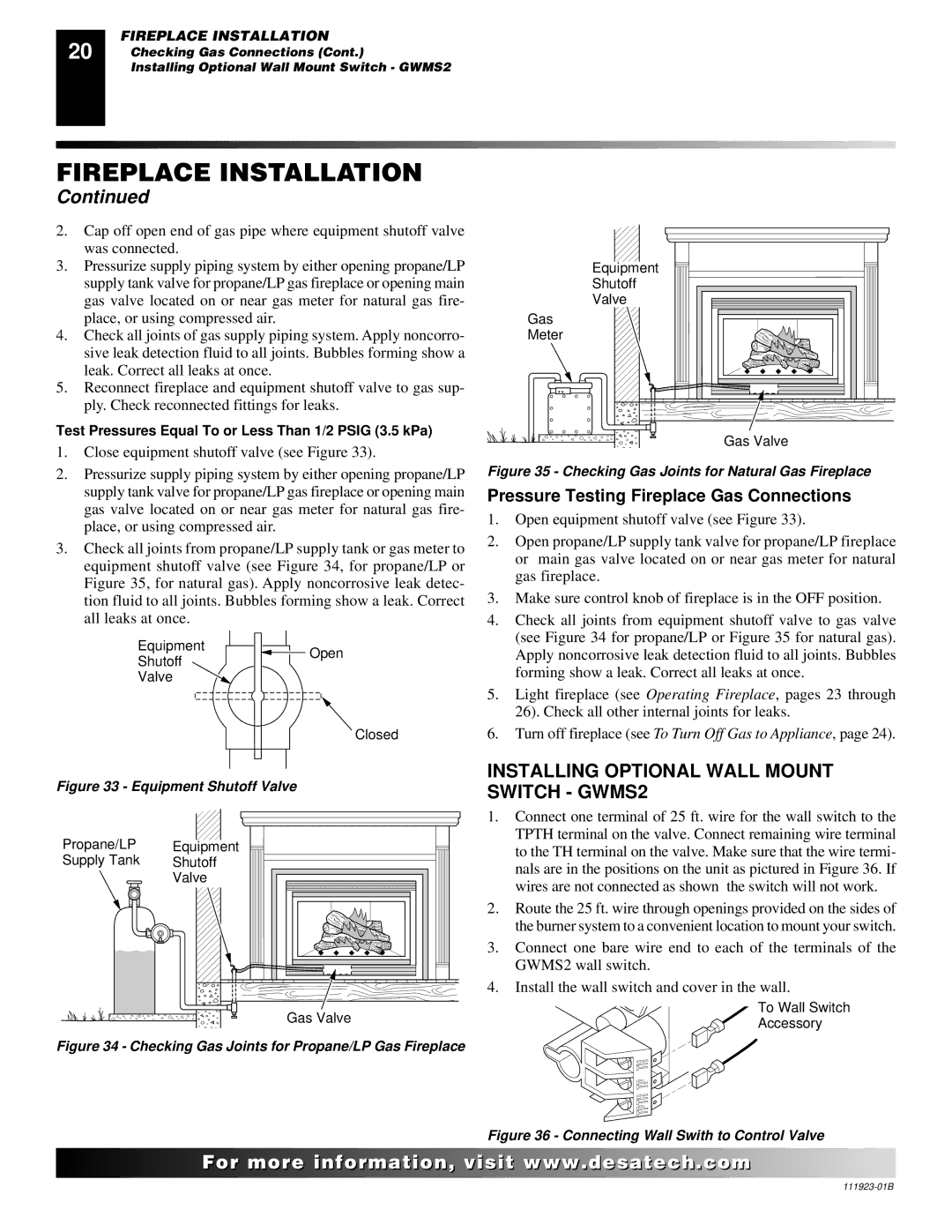 Desa (V)K36N SERIES Installing Optional Wall Mount Switch GWMS2, Pressure Testing Fireplace Gas Connections 