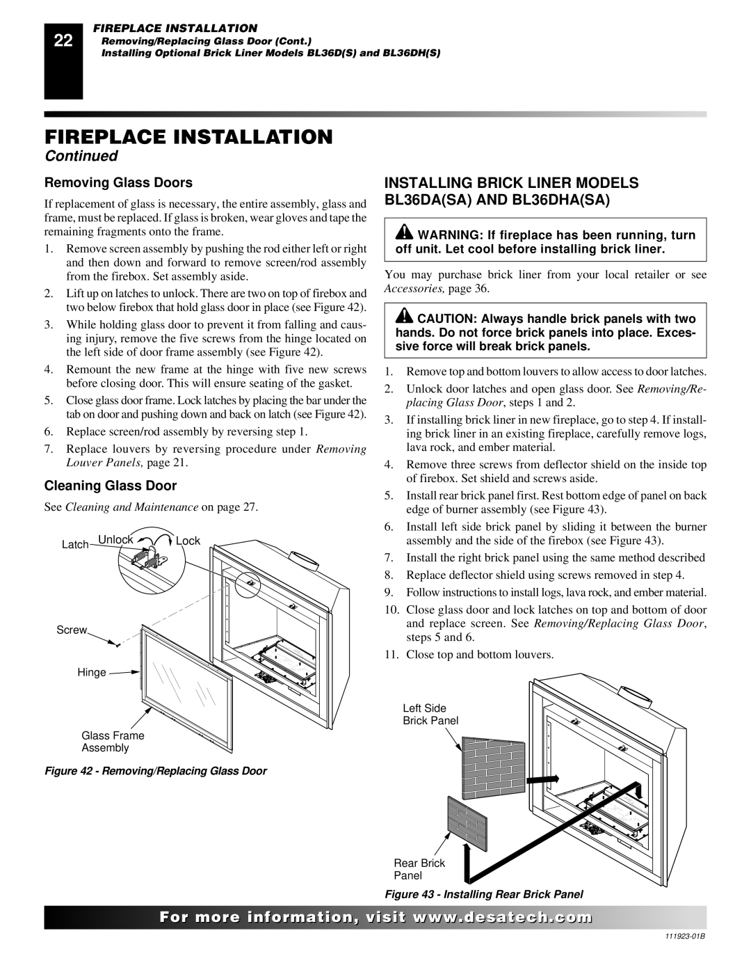 Desa (V)K36N SERIES Installing Brick Liner Models BL36DASA and BL36DHASA, Removing Glass Doors, Cleaning Glass Door 