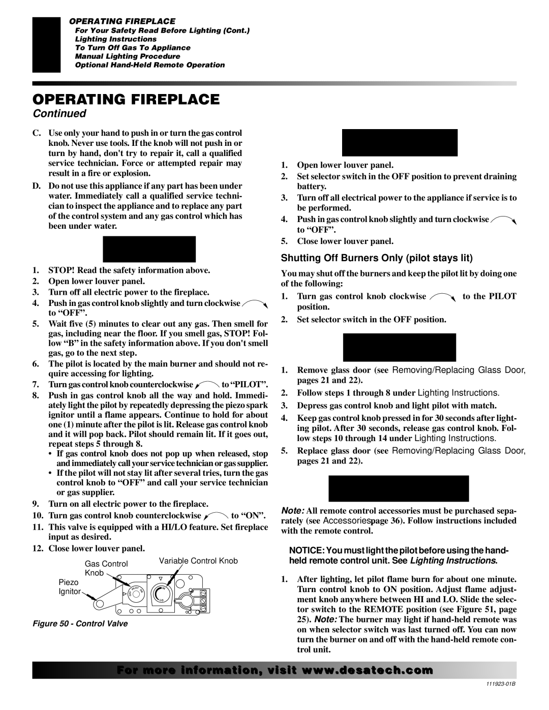 Desa (V)K36N SERIES, (V)K36P SERIES Lighting Instructions, To Turn OFF GAS To Appliance, Manual Lighting Procedure 