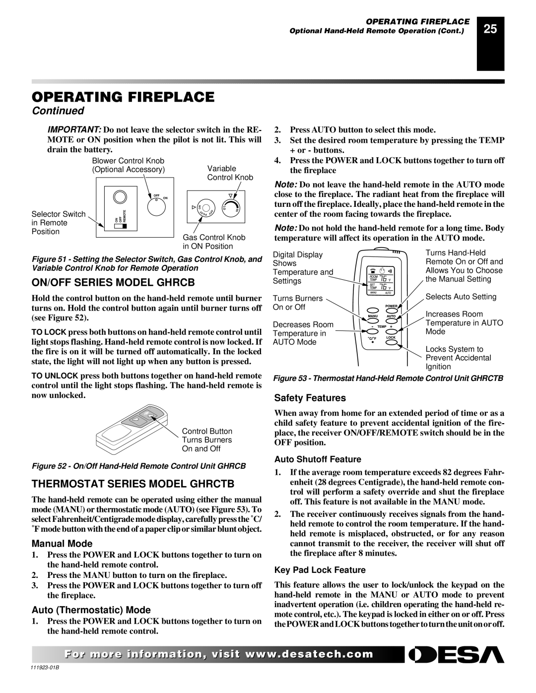 Desa (V)K36P SERIES ON/OFF Series Model Ghrcb, Thermostat Series Model Ghrctb, Manual Mode, Auto Thermostatic Mode 