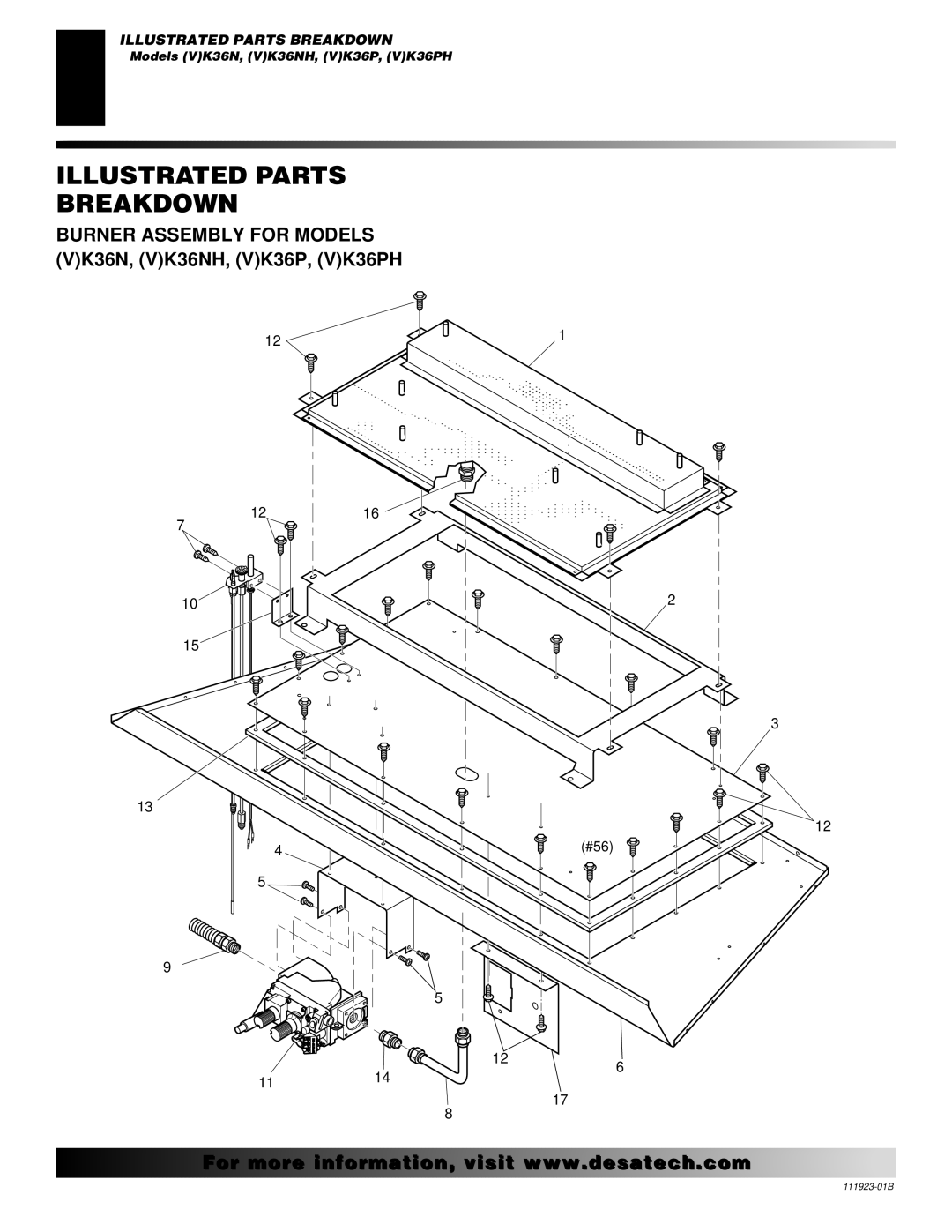 Desa (V)K36N SERIES, (V)K36P SERIES installation manual Burner Assembly for Models VK36N, VK36NH, VK36P, VK36PH 