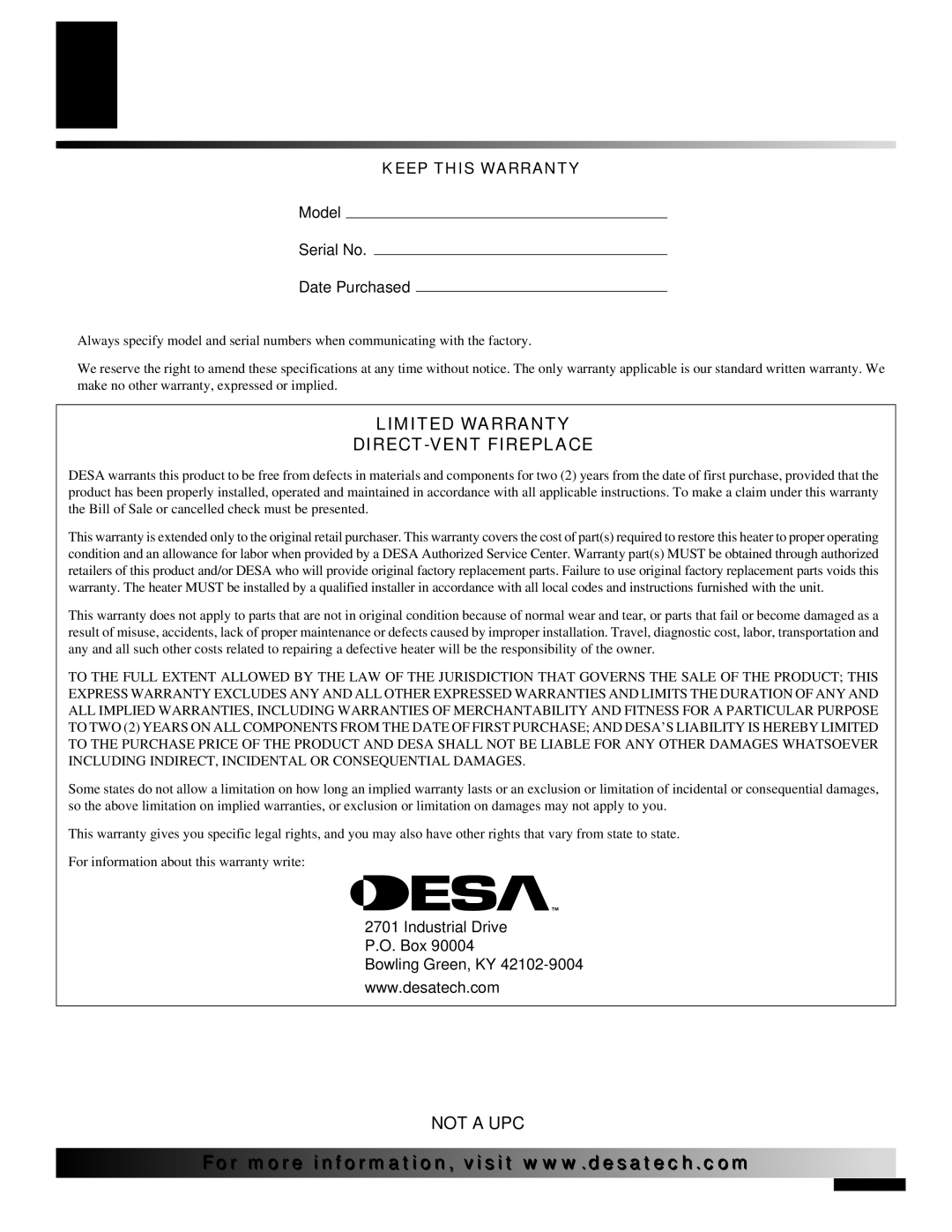 Desa (V)K36N SERIES, (V)K36P SERIES installation manual Warranty Information 