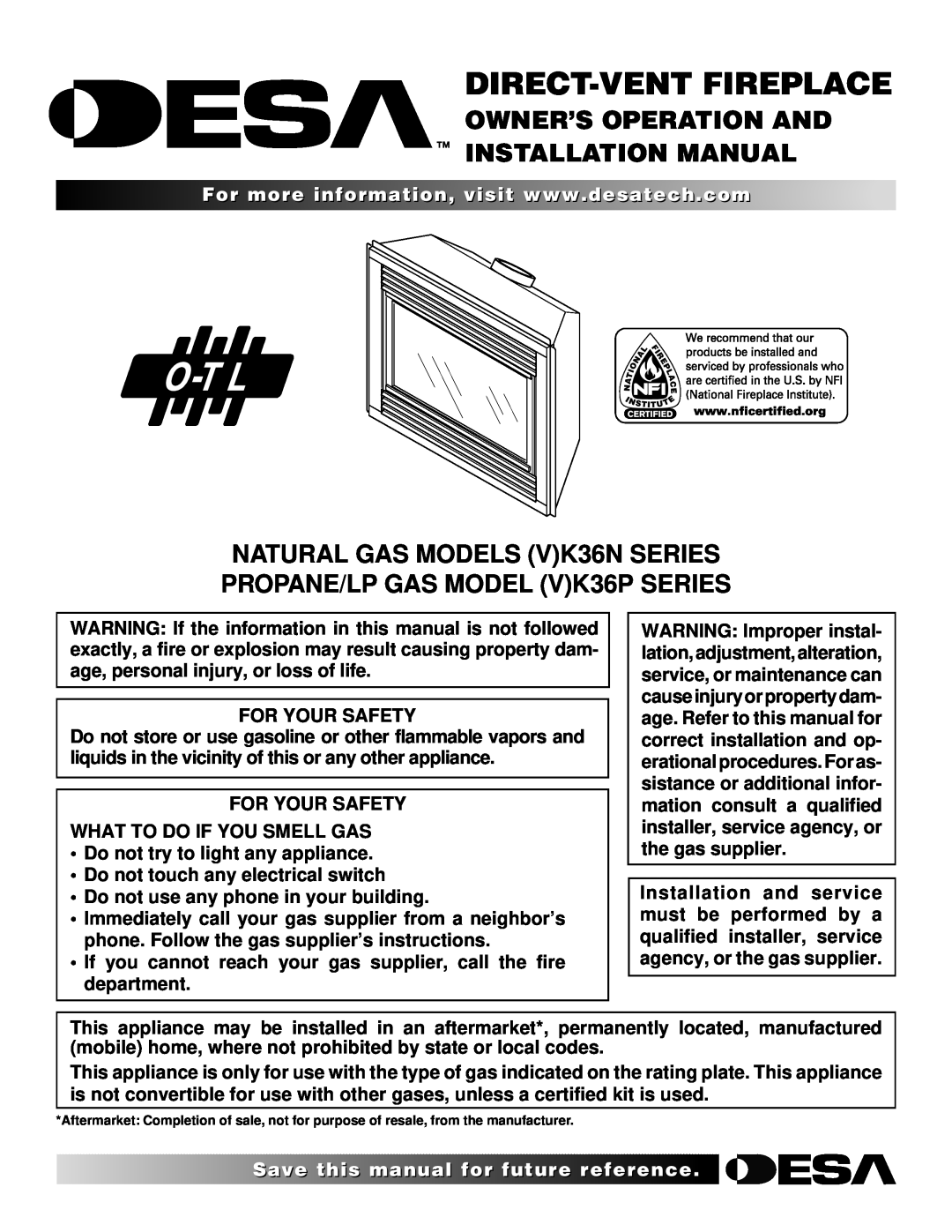 Desa (V)K36P SERIES installation manual Owner’S Operation And Installation Manual, NATURAL GAS MODELS VK36N SERIES 