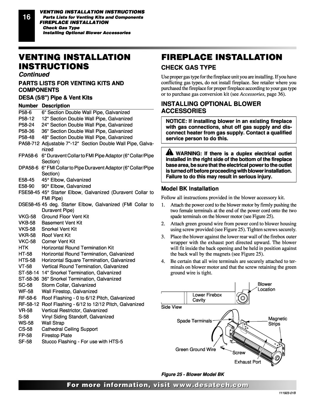 Desa (V)K36N SERIES Fireplace Installation, Check Gas Type, Installing Optional Blower Accessories, Model BK Installation 