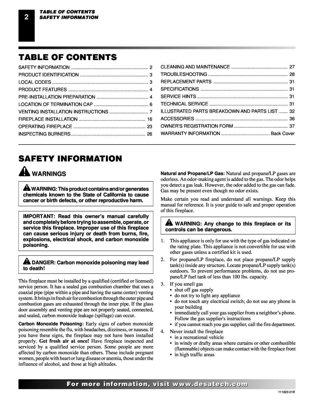 Desa (V)K36N SERIES, (V)K36P SERIES installation manual Table Of Contents, Safety Information, Warnings 