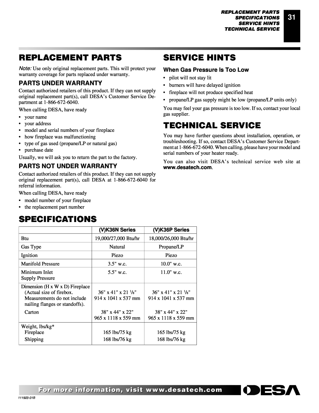 Desa (V)K36P SERIES Replacement Parts, Service Hints, Technical Service, Specifications, Parts Under Warranty 