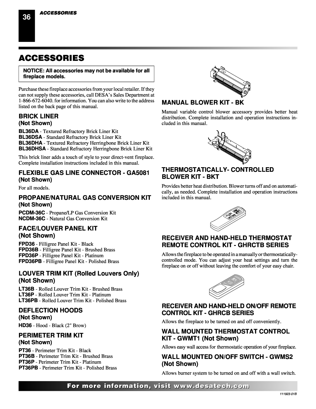 Desa (V)K36N SERIES Accessories, Brick Liner, FLEXIBLE GAS LINE CONNECTOR - GA5081, Propane/Natural Gas Conversion Kit 