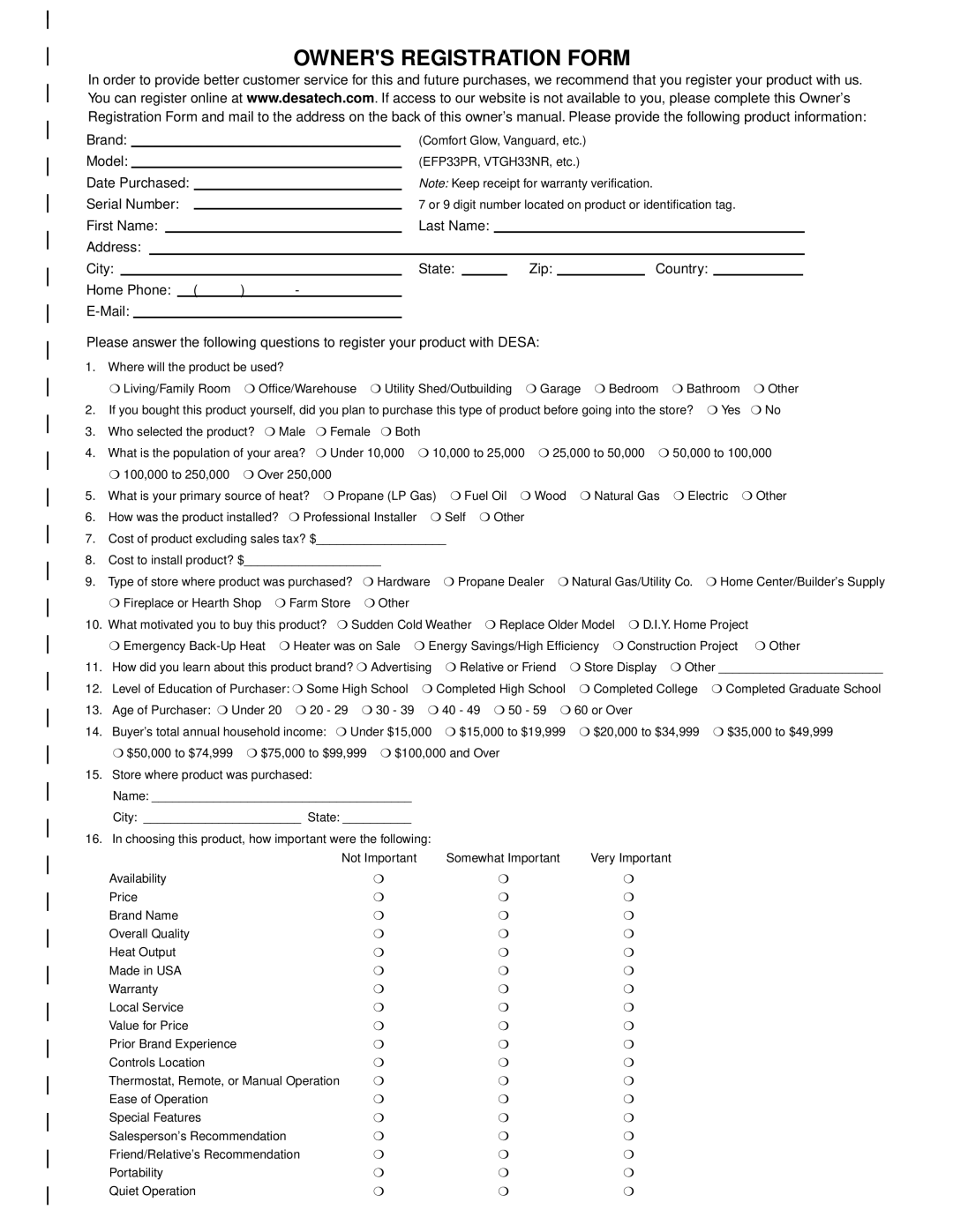 Desa (V)K36P SERIES, (V)K36N SERIES installation manual Owners Registration Form 
