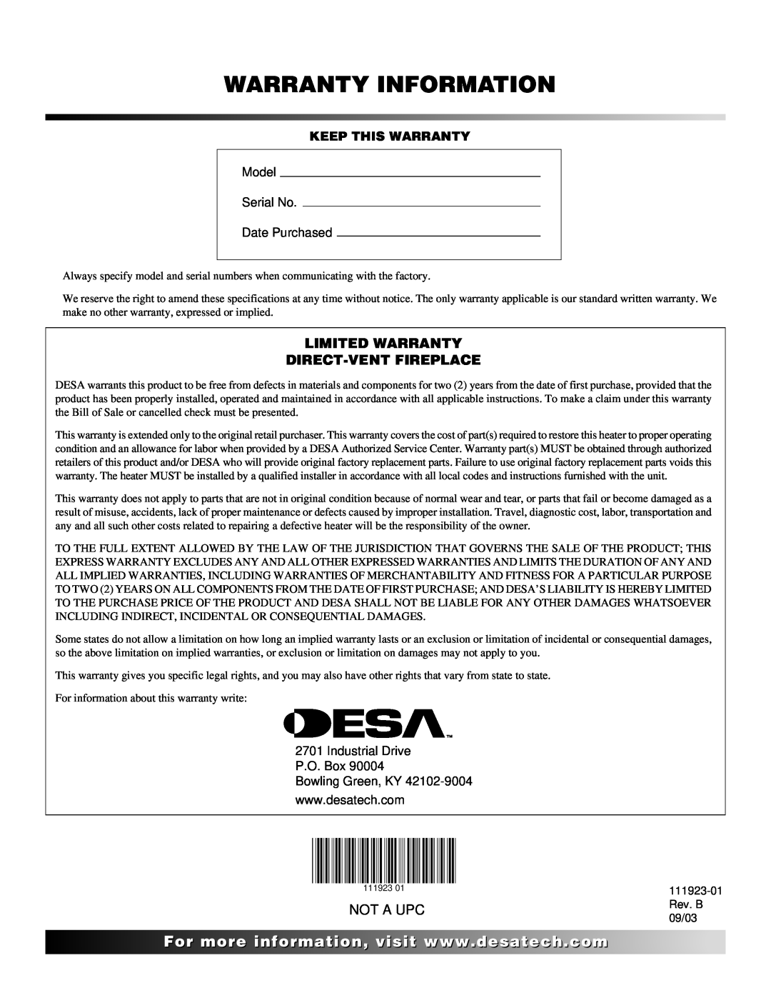 Desa (V)K36N SERIES, (V)K36P SERIES Limited Warranty Direct-Ventfireplace, Not A Upc, Warranty Information 