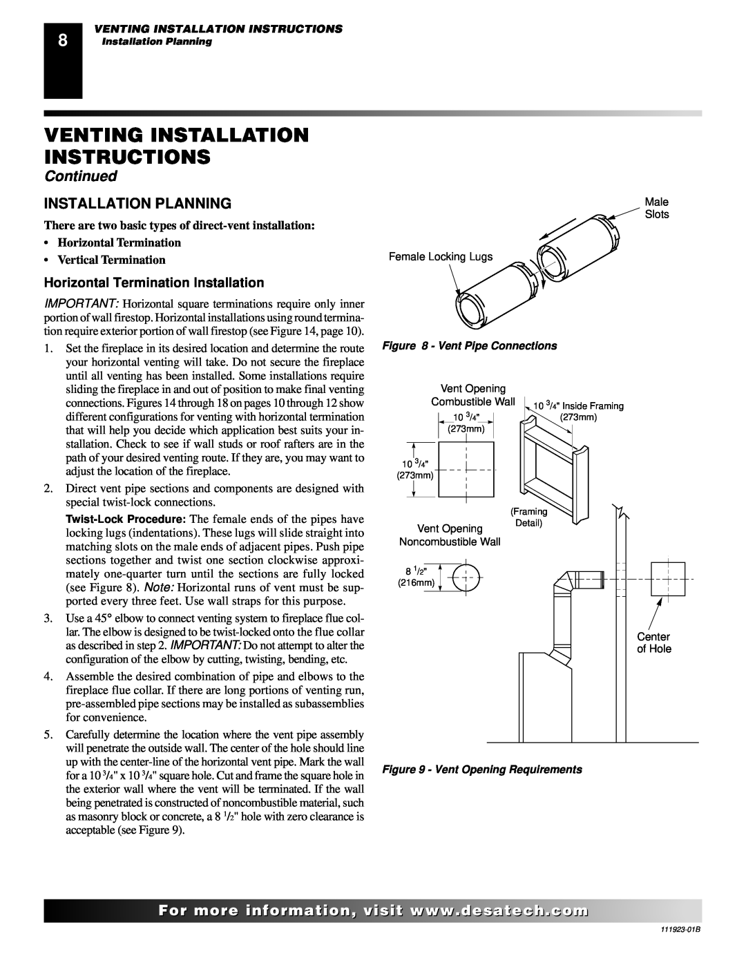 Desa (V)K36N SERIES Installation Planning, Horizontal Termination Installation, Venting Installation Instructions 
