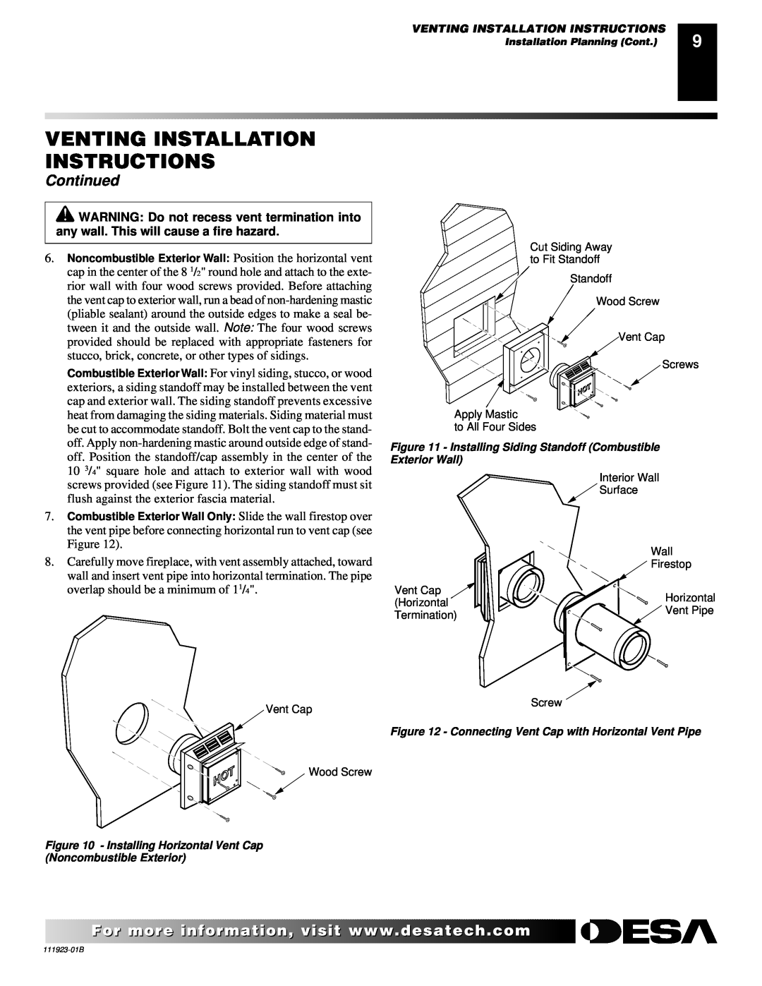 Desa (V)K36P SERIES Venting Installation Instructions, Continued, Installing Horizontal Vent Cap, Noncombustible Exterior 