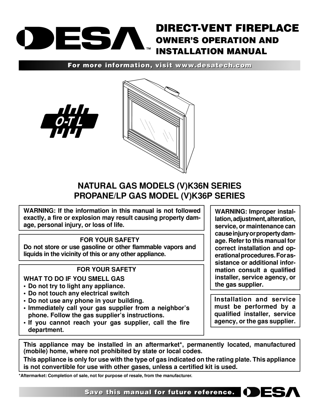 Desa (V)K36N, (V)K36P installation manual OWNER’S Operation Installation Manual, For Your Safety 