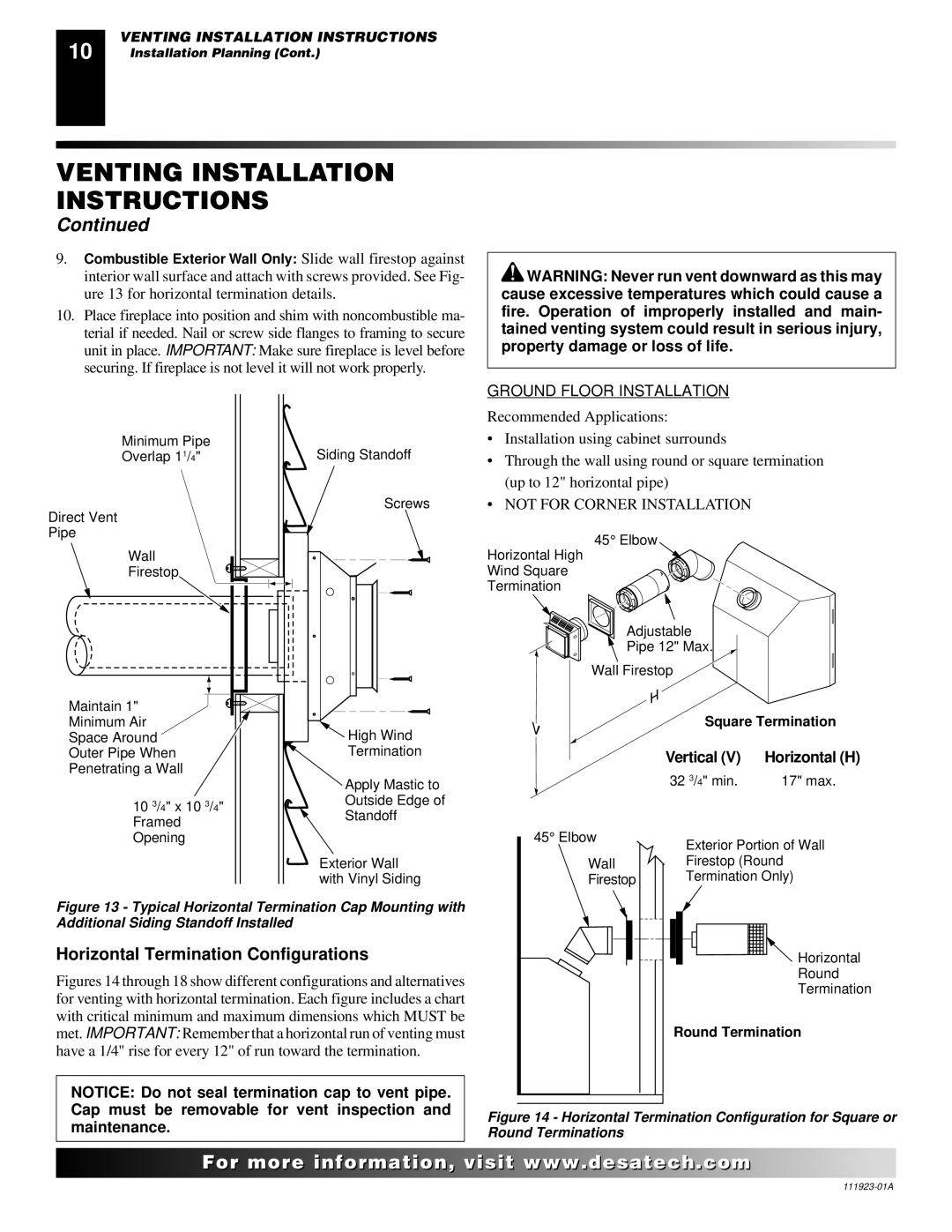 Desa (V)K36P, (V)K36N installation manual Horizontal Termination Configurations, Ground Floor Installation 