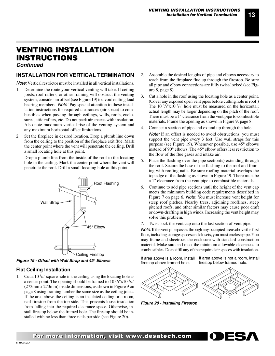 Desa (V)K36N, (V)K36P installation manual Installation for Vertical Termination, Flat Ceiling Installation 