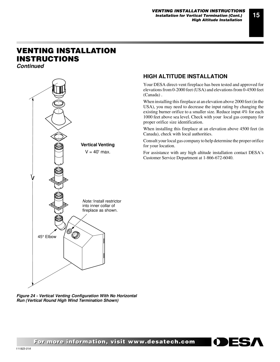 Desa (V)K36N, (V)K36P installation manual High Altitude Installation, Vertical Venting 