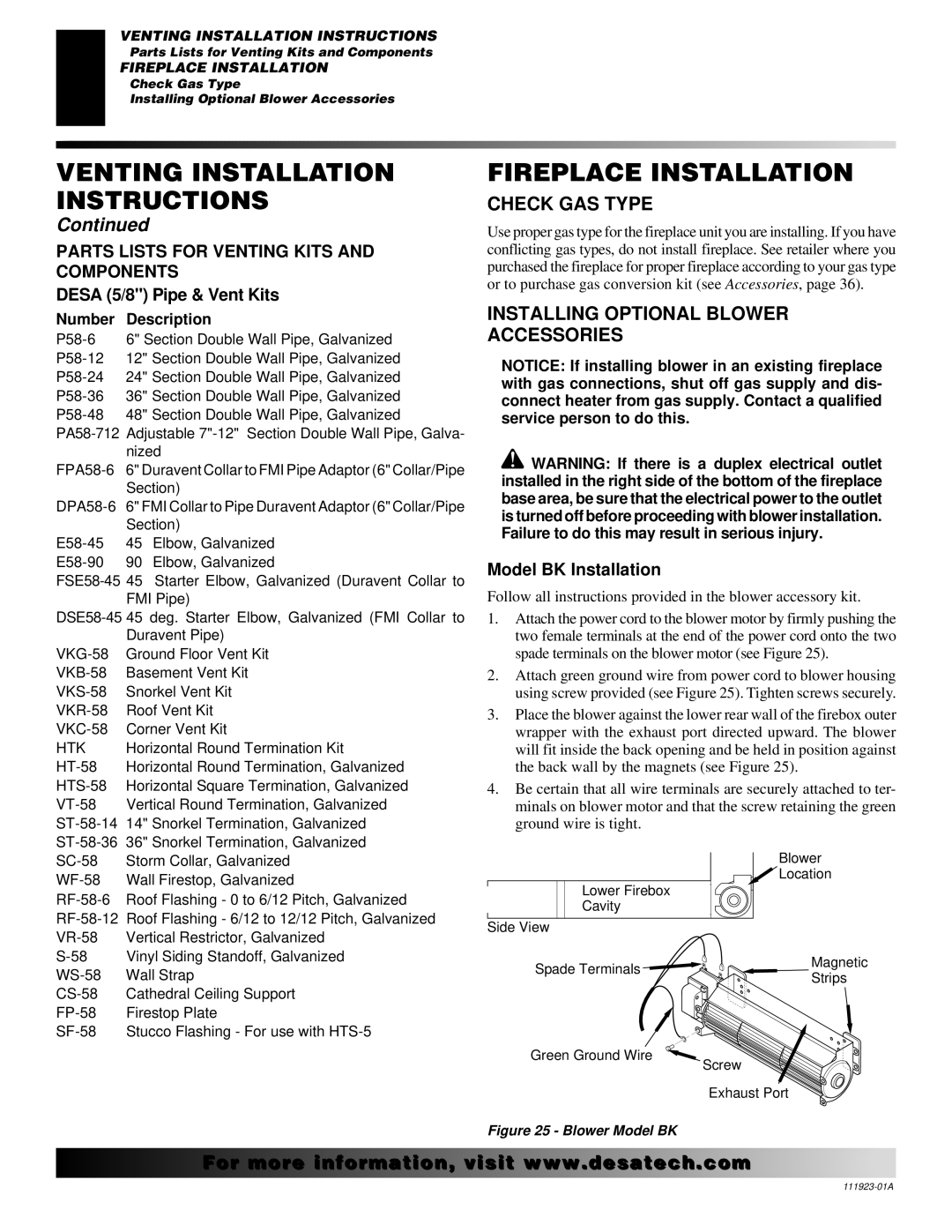 Desa (V)K36P Fireplace Installation, Check GAS Type, Installing Optional Blower Accessories, Desa 5/8 Pipe & Vent Kits 