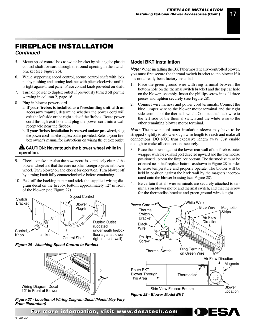 Desa (V)K36N, (V)K36P installation manual Model BKT Installation, Attaching Speed Control to Firebox 