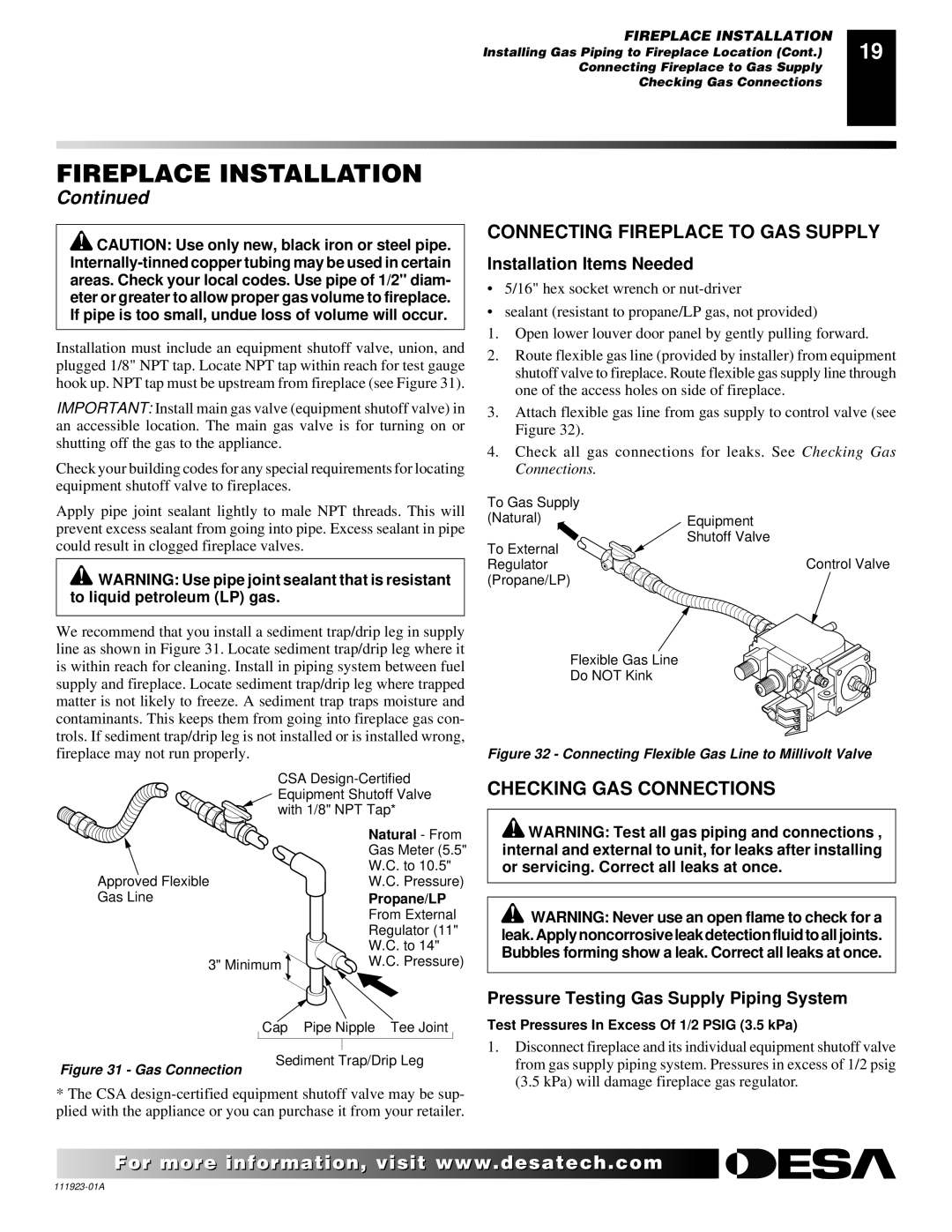 Desa (V)K36N, (V)K36P Connecting Fireplace to GAS Supply, Checking GAS Connections, Installation Items Needed 