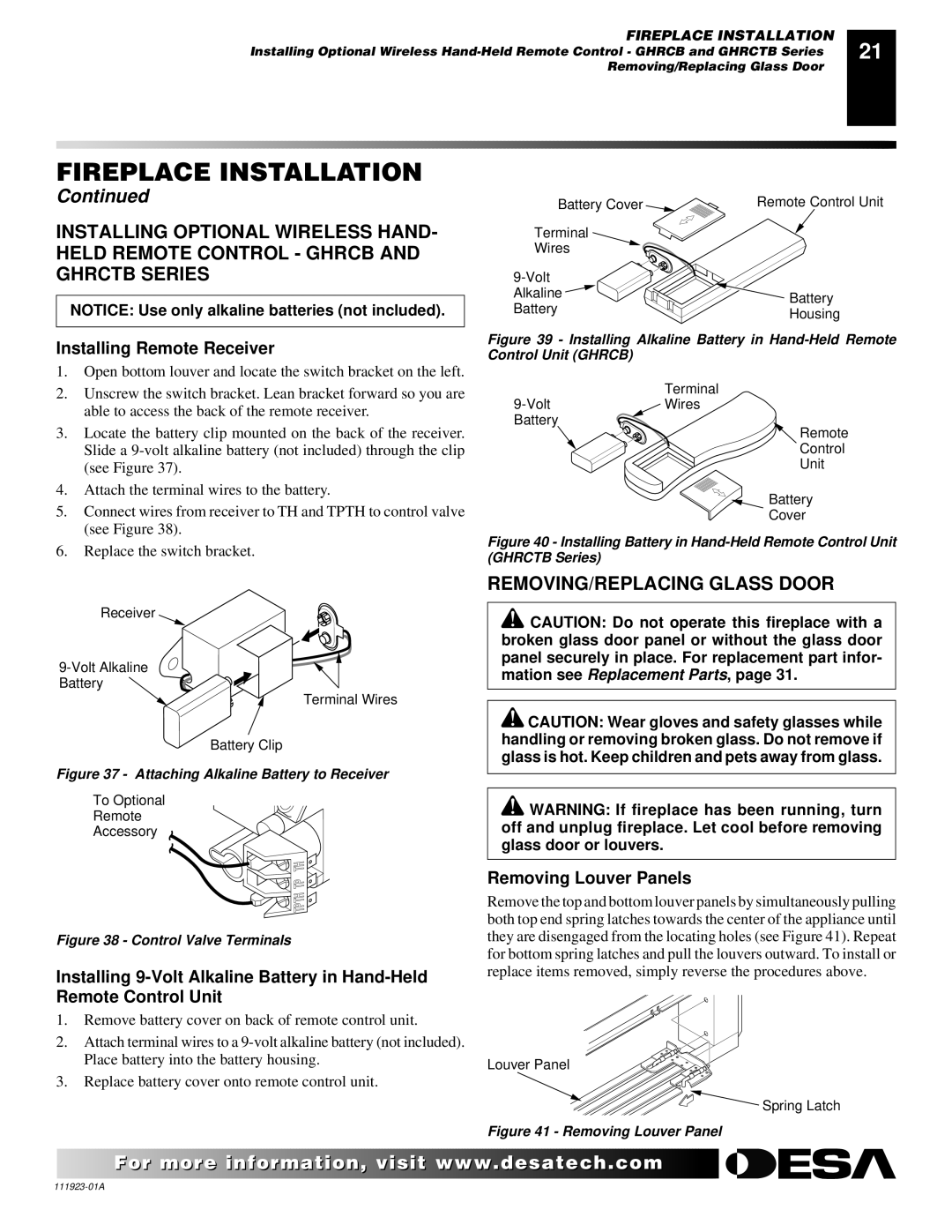 Desa (V)K36N, (V)K36P installation manual REMOVING/REPLACING Glass Door, Installing Remote Receiver, Removing Louver Panels 